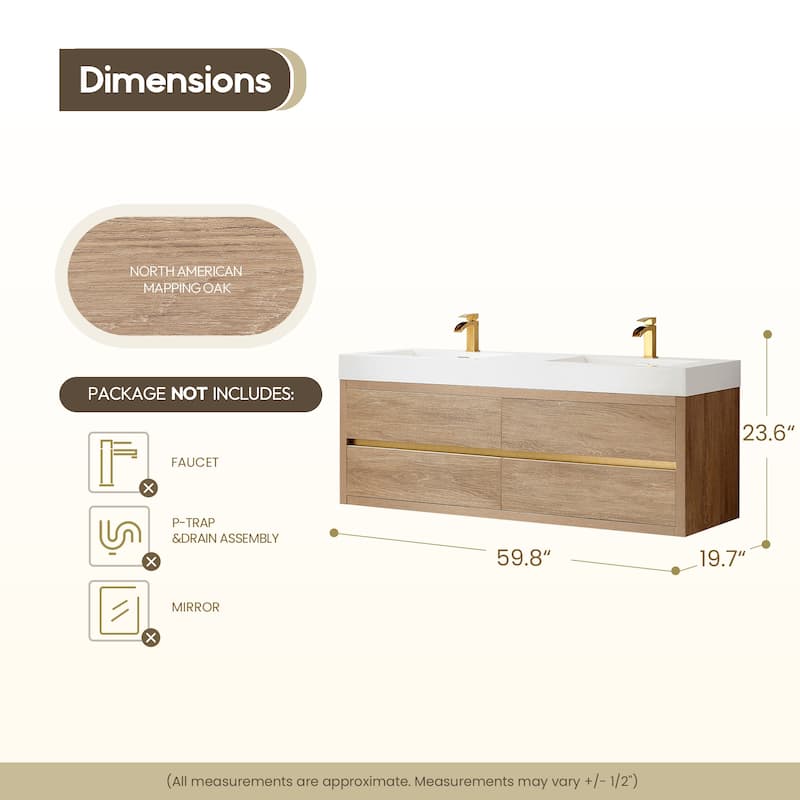 Palencia Double Floating Vanity with White Sink Top without Mirror - 60in.