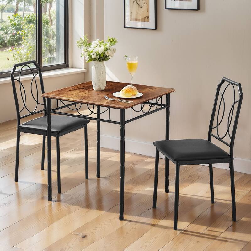 VECELO Industrial 3-Piece Space-Saving Square Dining Set MDF Table with Black PU Leather Dining Chairs Small Spaces - Rustic Brown