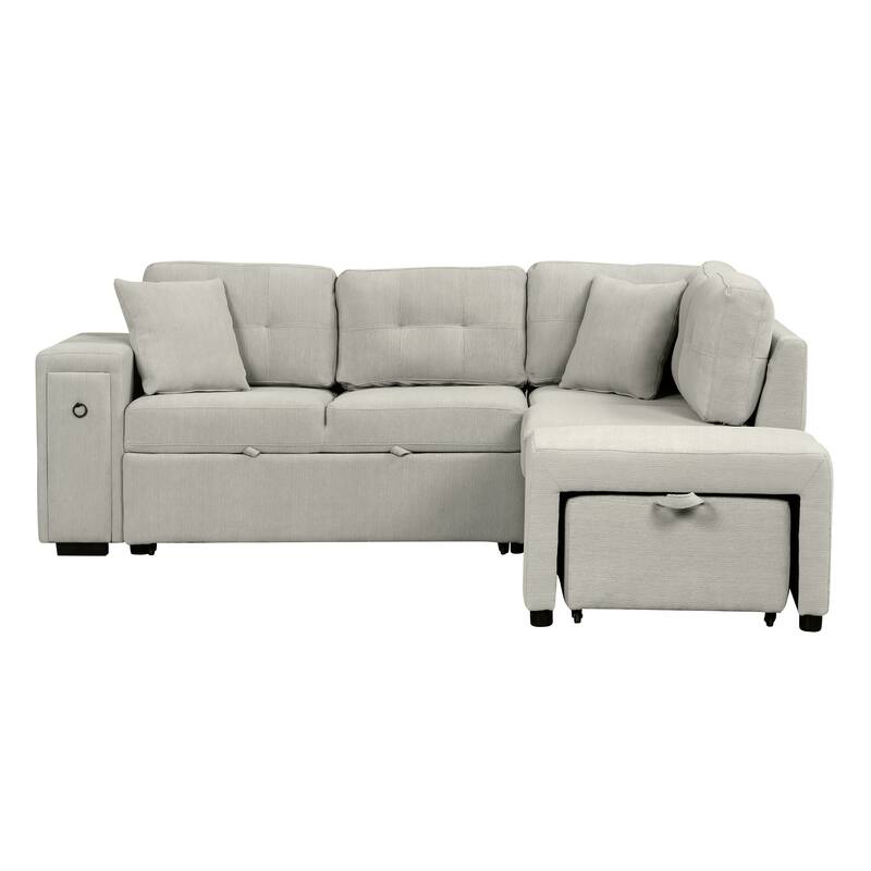 Convertible Sectional Sofa Bed with Ottoman, Chenille L-Shaped Pull Out Couch with Drawer 2 USB Ports & 2 Cup Holders