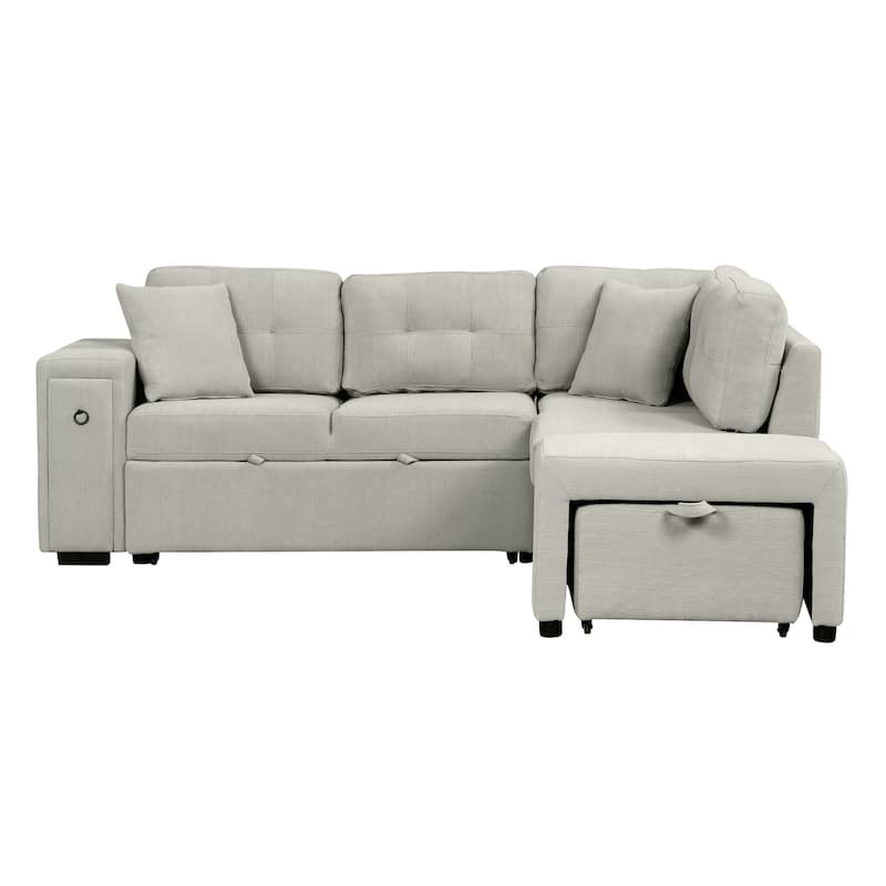 Grey 86.6" L-Shaped 4-Seat Sectional Sofa with Pull-Out Bed, Movable Ottoman, USB Ports, and Cup Holder Drop-Down Table