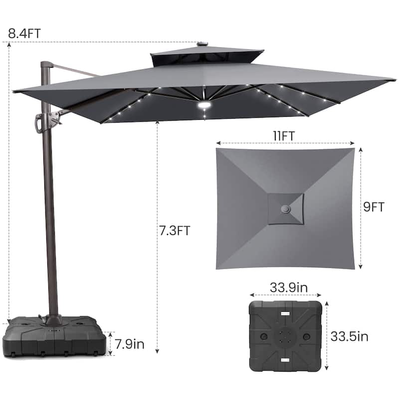 9 x11 FT Double Top LED Lighted Cantilever Patio Umbrella Rectangle with Base