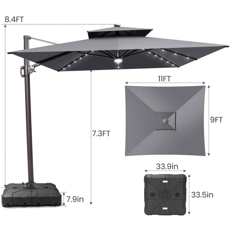 9 x11 FT LED Lighted Cantilever Patio Umbrella Double Top Rectangle with Base