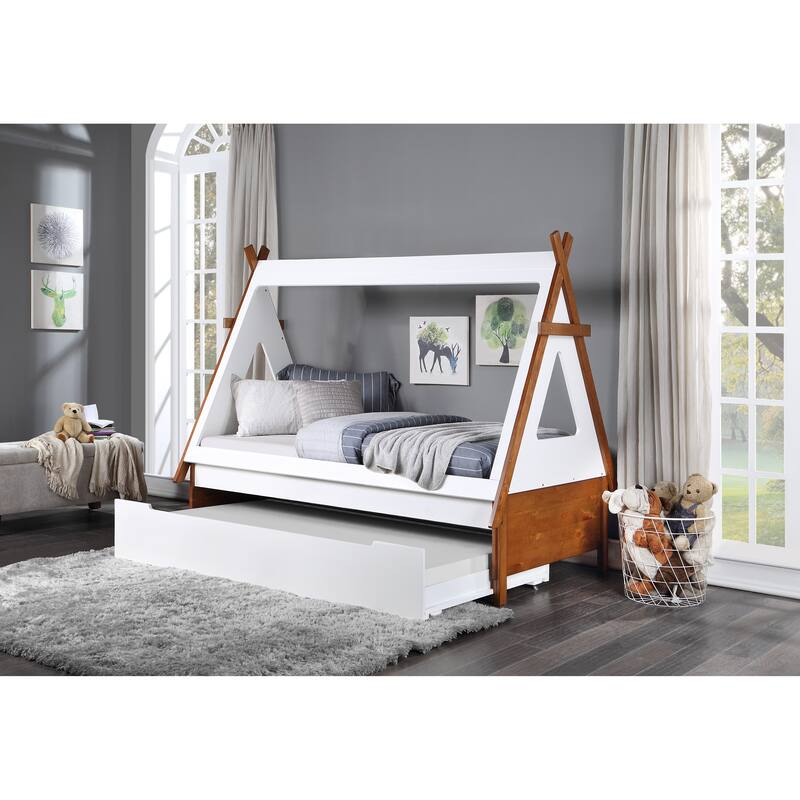 Twin Size Solid Wood Bed with Two-Tone Construction - Brown