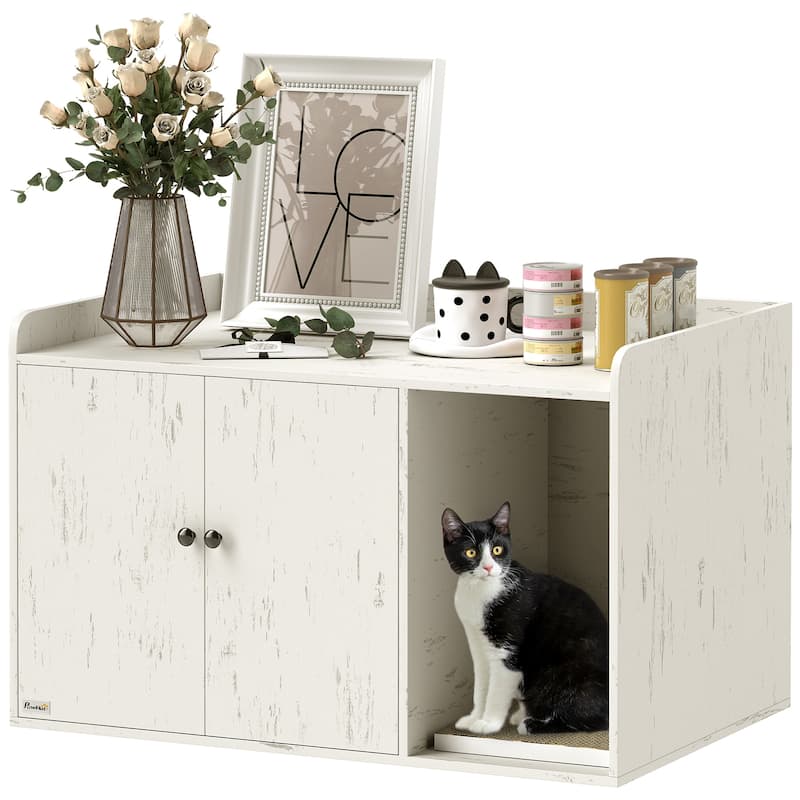 PawHut Cat Litter Box Enclosure, 32" Hidden Litter Box Furniture with Scratching Mat, Pet Entrance, Indoor Cat House - White