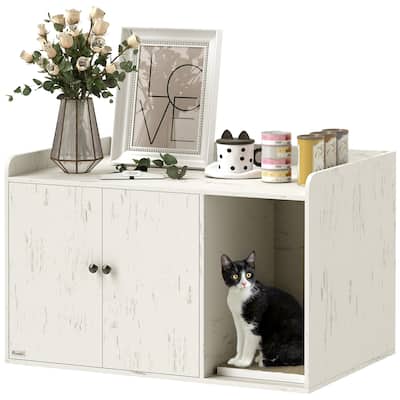 PawHut Cat Litter Box Enclosure, 32" Hidden Litter Box Furniture with Scratching Mat, Pet Entrance, Indoor Cat House