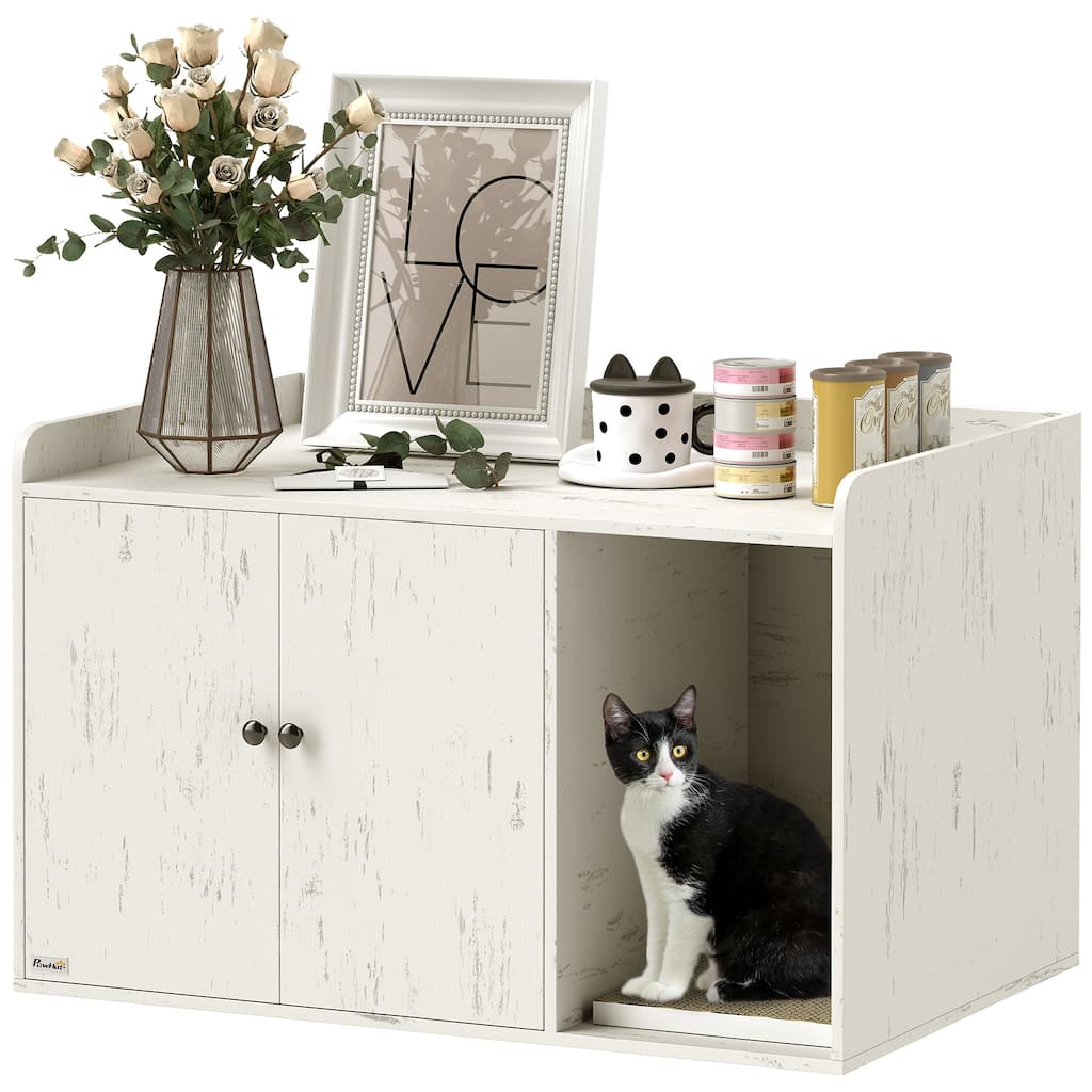 PawHut Cat Litter Box Enclosure, 32" Hidden Litter Box Furniture with Scratching Mat, Pet Entrance, Indoor Cat House