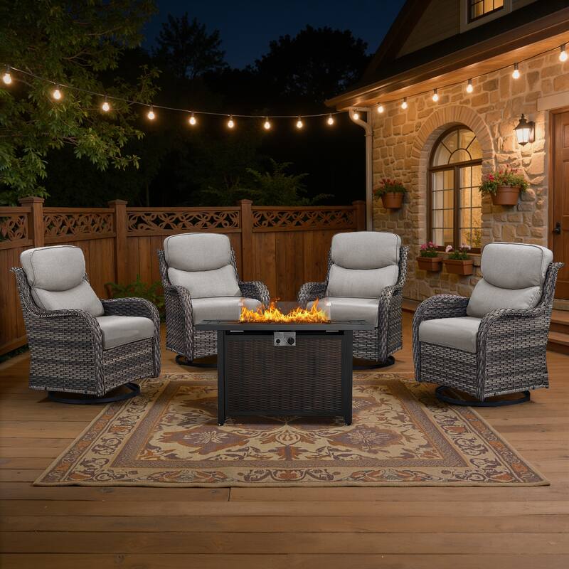 Meyreso 5-Piece Outdoor Patio Wicker Fire Pit 4 person Conversation Set with 5-Inch Thick Cushions - Beige Cushions - Gray Wicker
