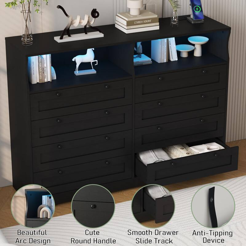 8 Drawer Dresser with RGB LED Lights, Power Outlet & 2 Open Shelves