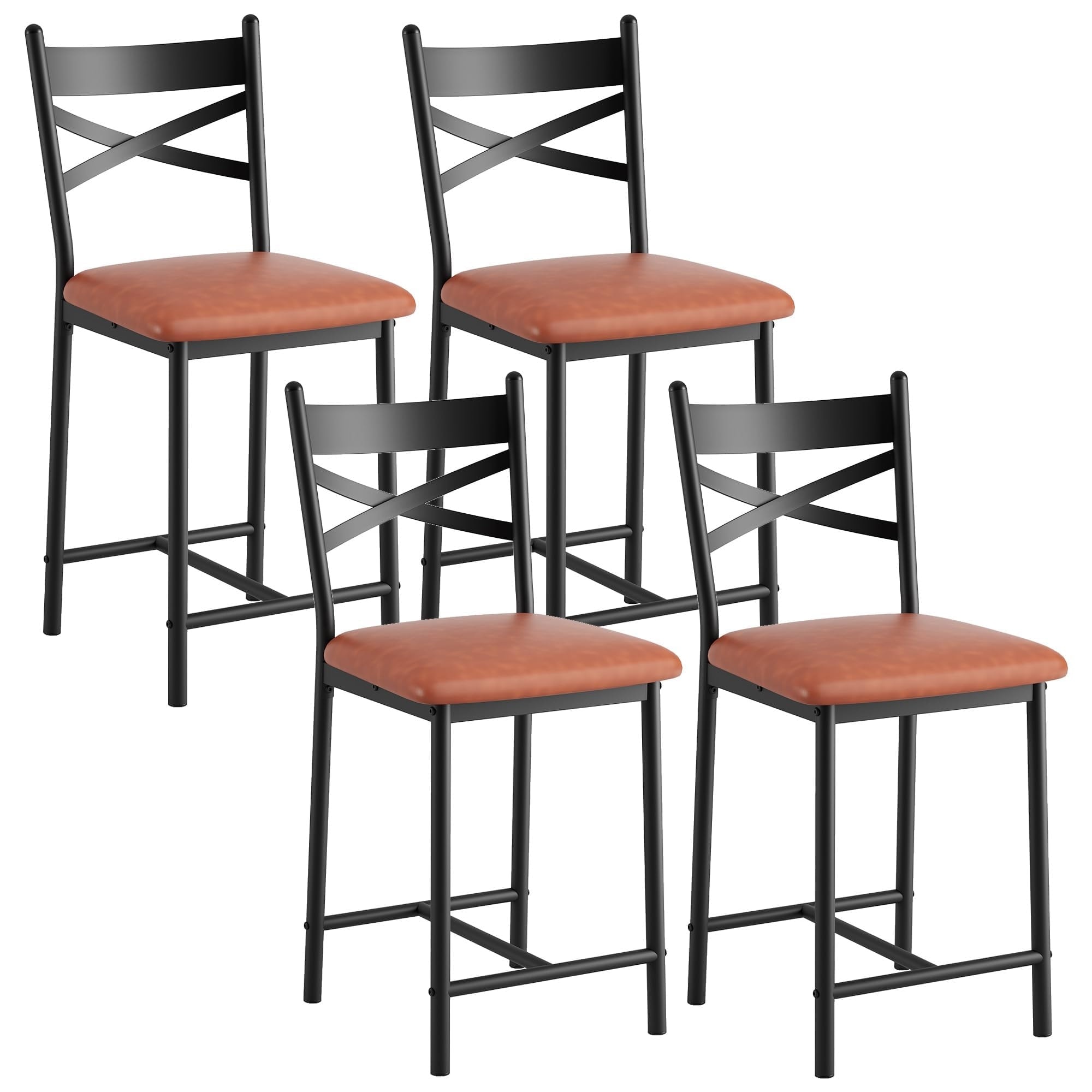Metal Counter Height Bar Stools with X-Back & PU Leather Cushion, Waterproof Dining Chairs for Kitchen or Restaurant