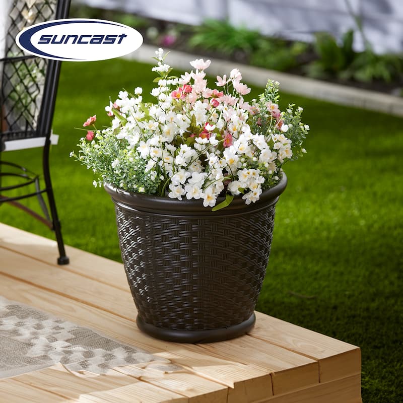 Suncast Sonora 18 Inch Resin Wicker Decorative Flower Planter, Brown (4 Pack)