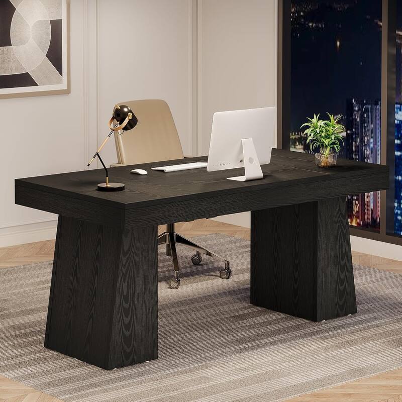 55 Inches Mid-Century Executive Desk with Double Trapezoid Base