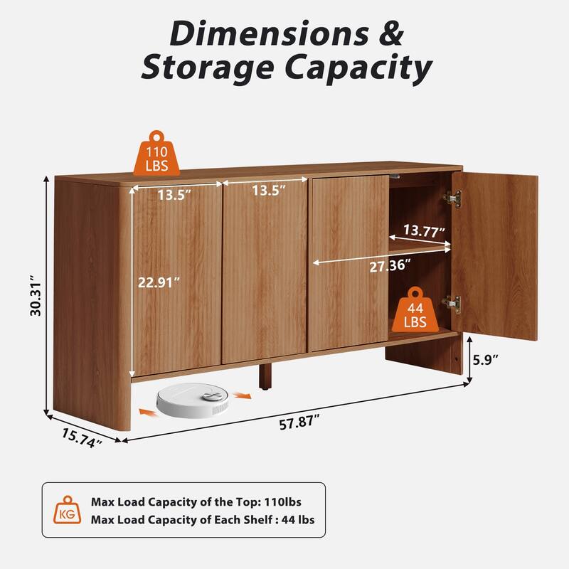 57in.W Wooden 4-Door sideboard/Buffet Storage Cabinet