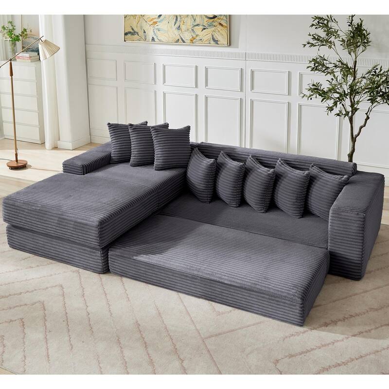 Floor Sleeper Sofa Bed Convertible L-shaped Modular Sectional Couch with Chaise, Corduroy Compression Sofa with Side Pockets
