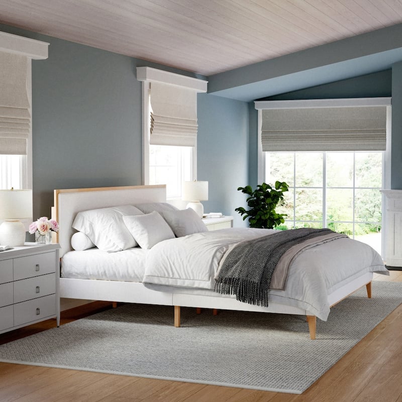 Martha Stewart Wooden Platform Bed with Upholstered Base and Triple Inset Headboard - King