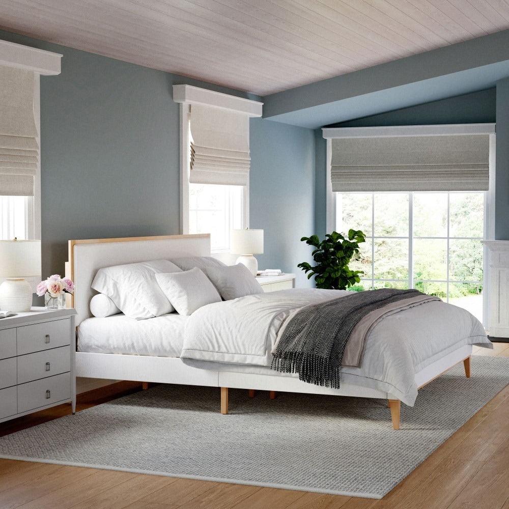 Martha Stewart Wooden Platform Bed with Upholstered Base and Triple Inset Headboard