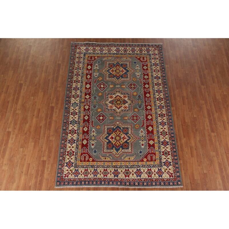Hand Knotted Oriental 100% Wool Carpet Traditional Geometric Greys & Charcoal Kazak Area Rug - 9' 10'' X 6' 6''