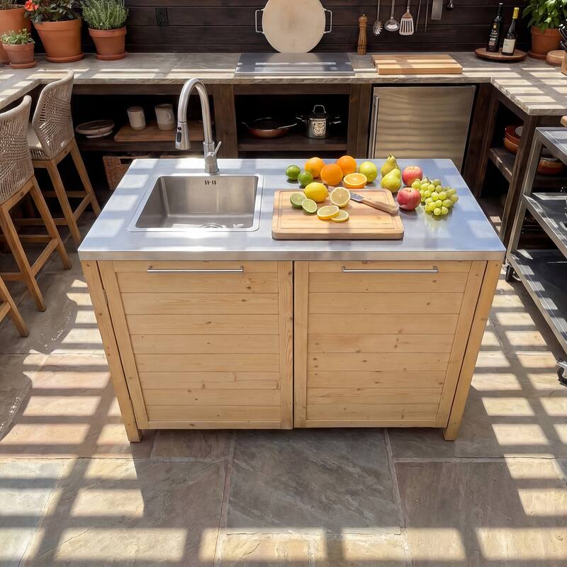 Modular Outdoor Kitchen Island Set, 100% Solid Wood BBQ Cabinet , Patio Kitchen Bar Table