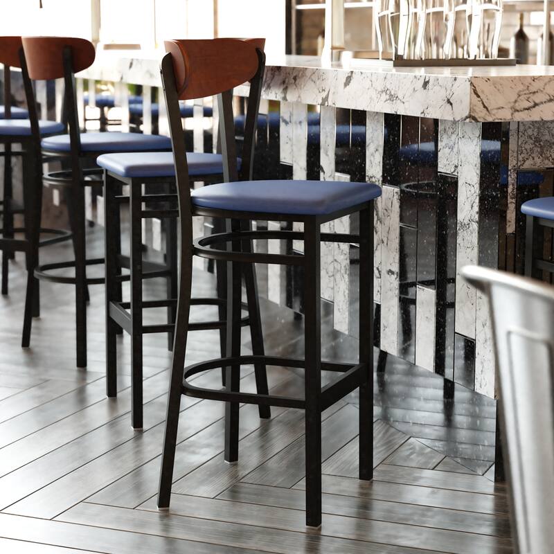 Commercial Metal Barstool with Wood Seat and Boomerang Back - Walnut Wood Back/Blue Vinyl Seat