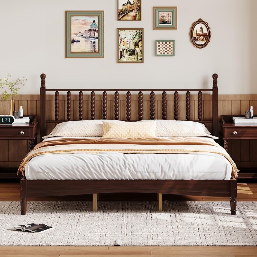 Retro Style Wooden Platform Bed Set
