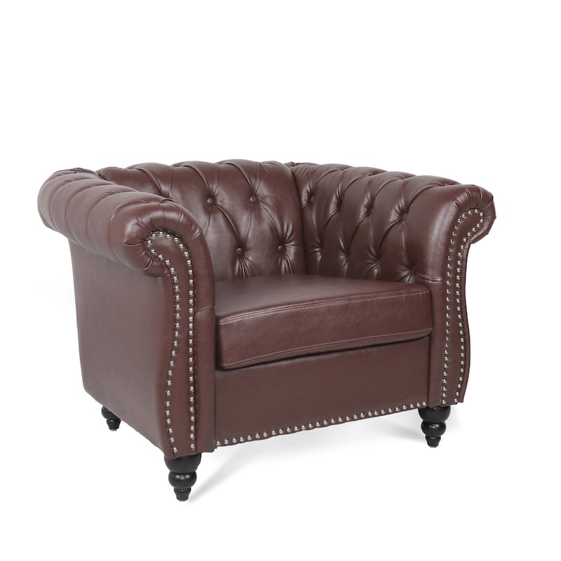 Traditional Rolled Arm Chesterfield 1 Seater Sofa,Living Room PU Leather Seat Cushions & Nailheads Finish Sofa with Wood Legs