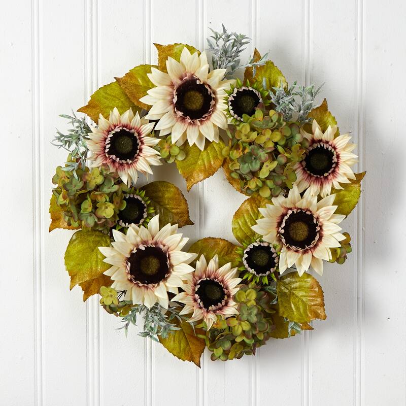 Sunflower and Hydrangea Autumn Artificial Wreath, 24-Inch, Unlit
