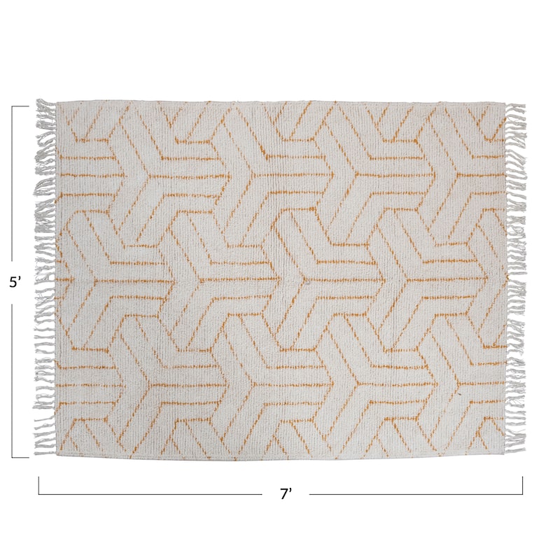 Stonewashed Cotton Tufted Rug with Geometric Pattern and Fringe - 84" L x 60" W x 0" H