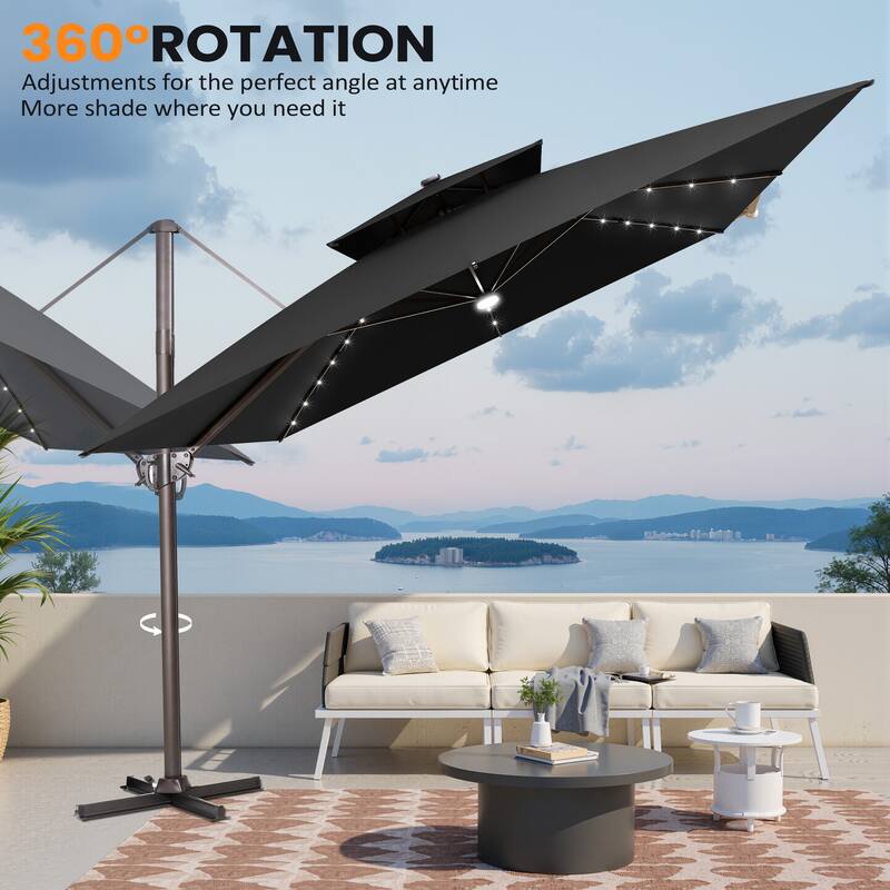 VredHom Solar LED Light 11FT Square Outdoor Cantilever Patio Umbrella without Base