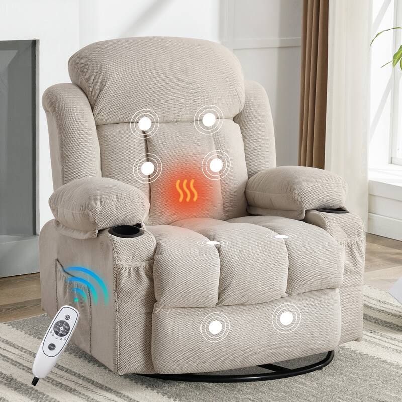 Massage Swivel Recliner Chair Sofa with USB and 2 Cup Holders & Heated - Beige