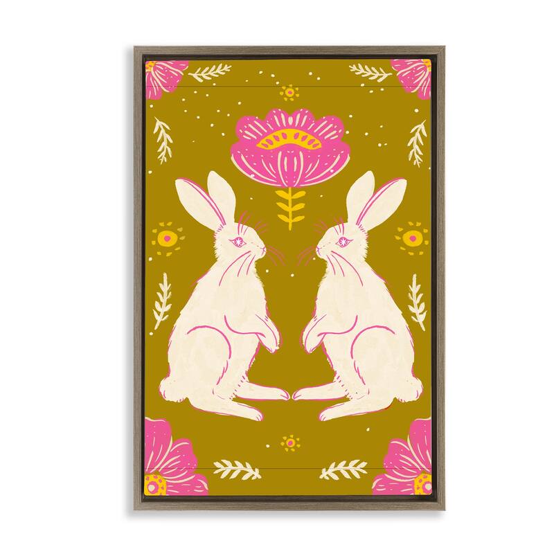 Stupell Mirrored Spring Bunnies Framed Floater Canvas Wall Art Design By Hannah Moren - 21 x 31 - Brown