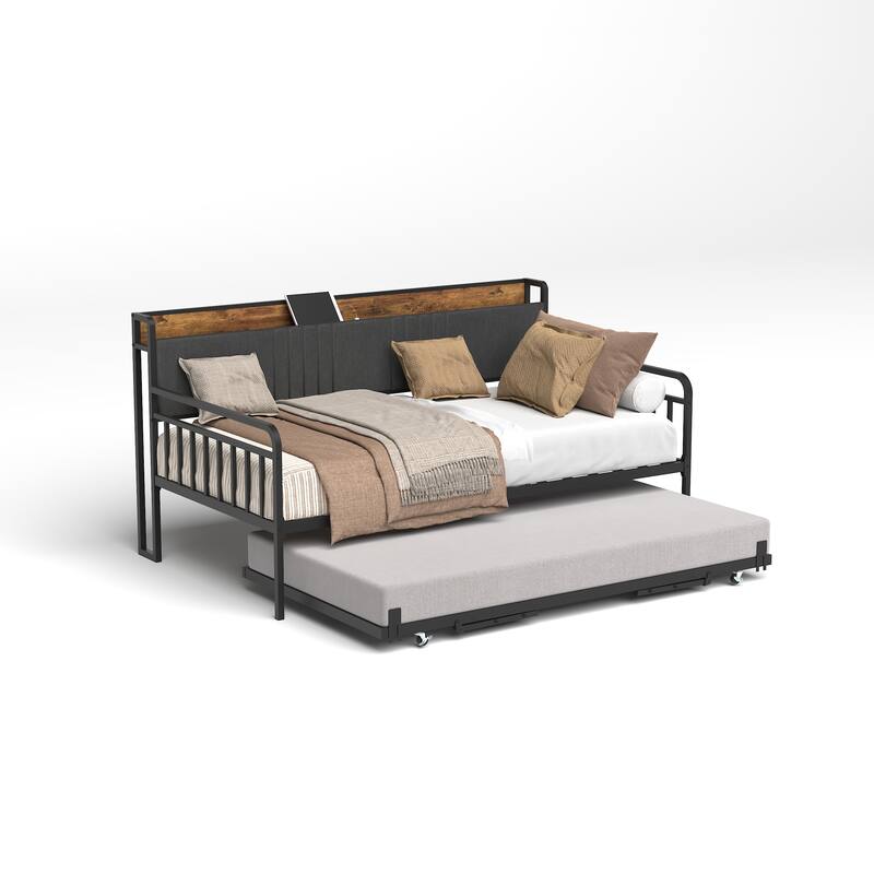 Twin Daybed with Trundle, Upholstered Headboard, Charging Station, RGB Lighting, and Lockable Casters