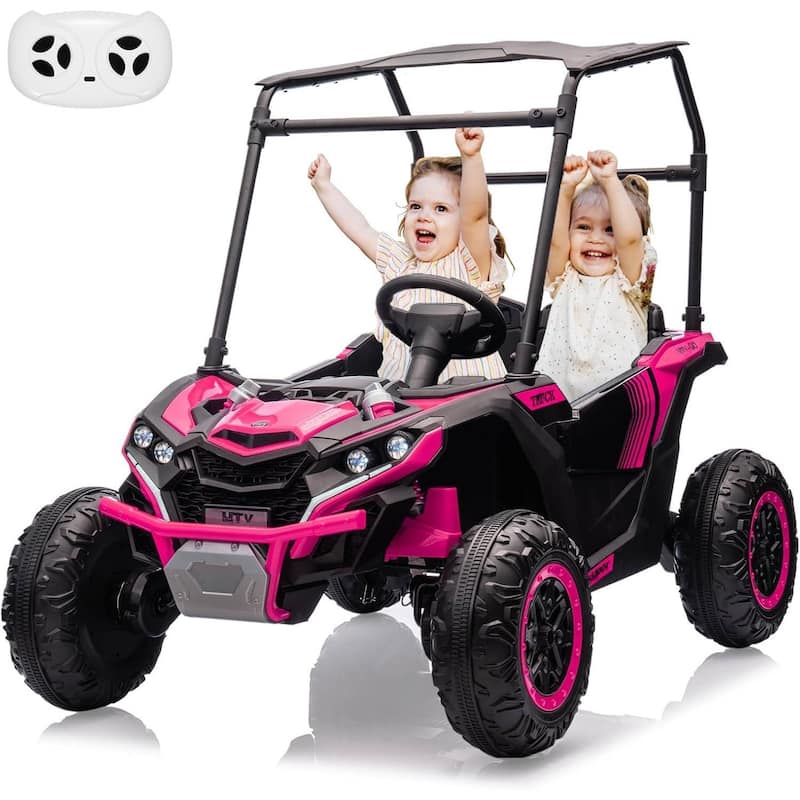 2 Seater Kids Ride on Car Off-Road UTV Toy with Sun Shade, Black - Pink