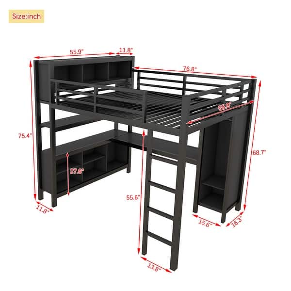 dimension image slide 3 of 4, All-in-One Metal Loft Bed with L-Shaped Desk & Wardrobe, Bedrooms Bed Frame with Storage Cubes, Shelves, Full-Length Guardrails