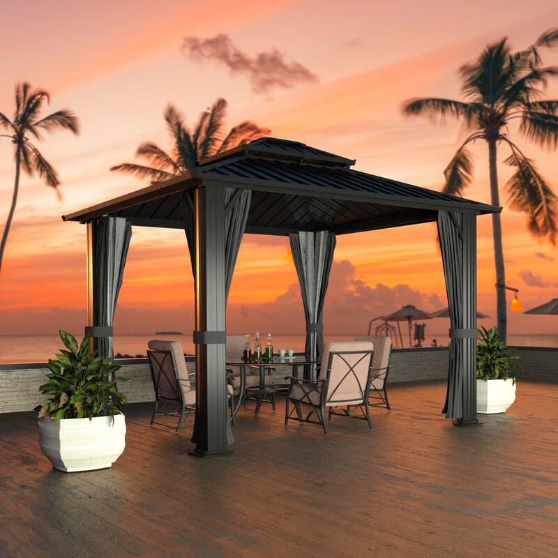 VEIKOUS Aluminum Double Hardtop Gazebo Pergola for Patio, Lawn, and Garden with Removable Curtains and Netting