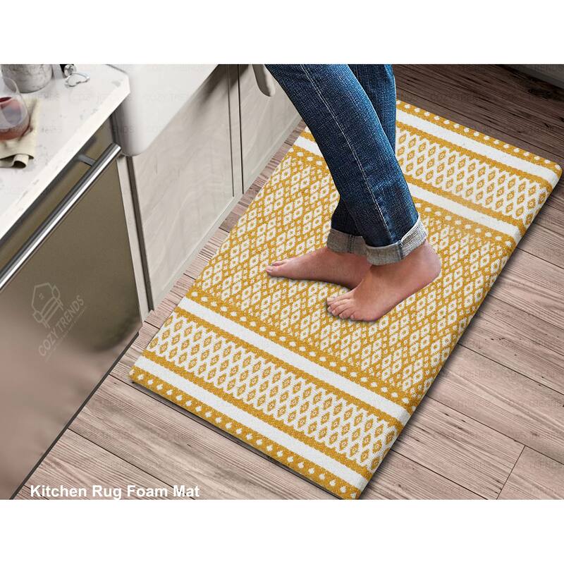Woven Cotton Anti Fatigue Cushioned Kitchen | Doormat | Bathroom 18" x 30" Mats With Foam Backing Anti Slip - 18''x30'' -  Doormat | Bathroom  18" x 30"  Mats With Foam Backing Anti Slip - 18''x30''|Mustard White
