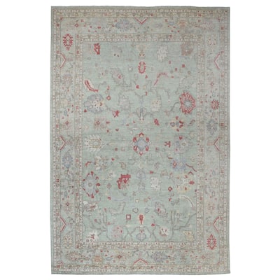 Shahbanu Rugs Oushak with Colorful Motifs Soft Wool Hand Knotted Soft Green Oriental Oversized Rug (11'9" x 17'3")