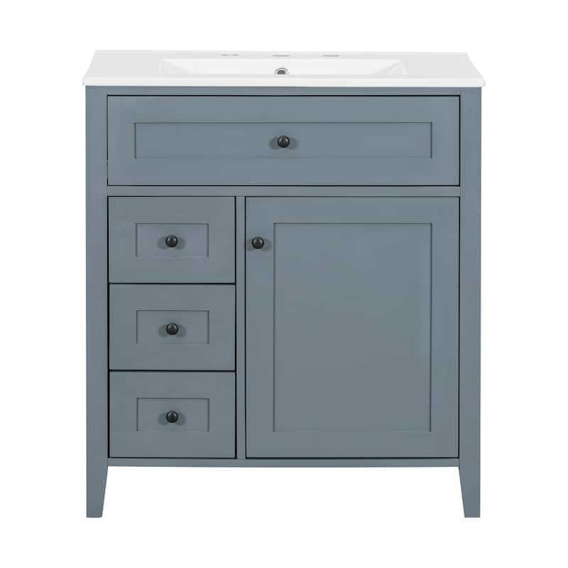 30-Inch Bathroom Vanity with Sink, Modern MDF and Rubberwood Cabinet with 3 Drawers and Adjustable Shelf, Freestanding