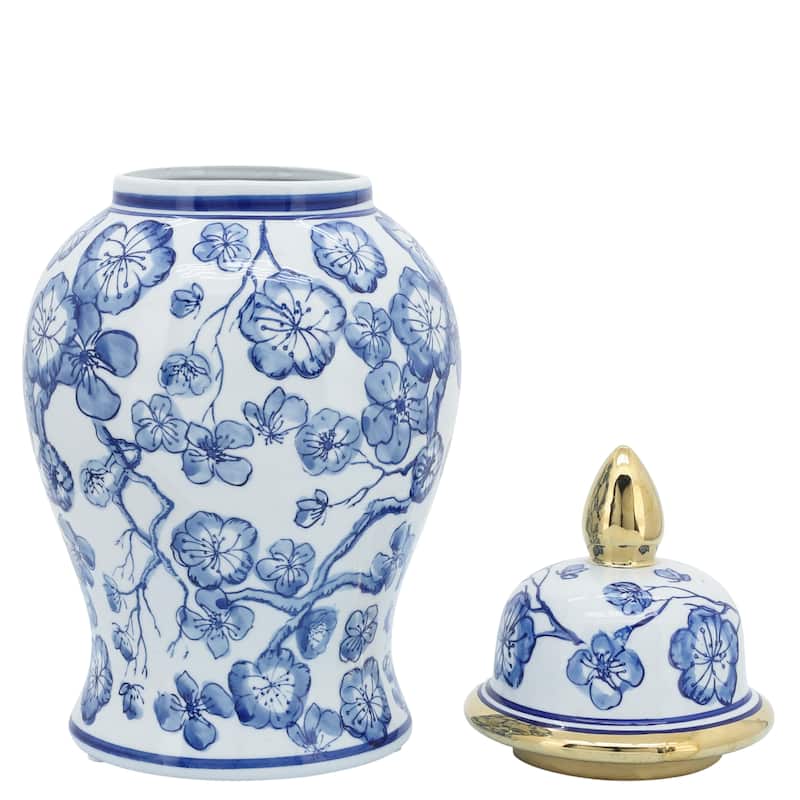 Sagebrook Home 14" Ceramic Temple Jar with Lid Contemporary Vintage Style Blue and White Chinoiserie Floral Design