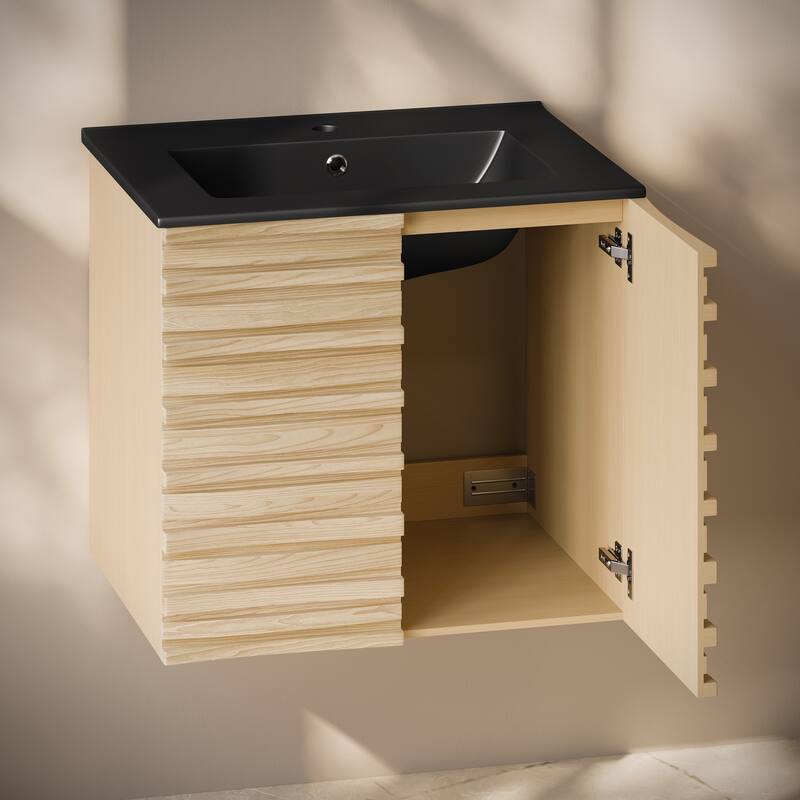 Cascade 24" Wall-Mounted Bathroom Vanity In Natural Oak With Black Sink Top - 24