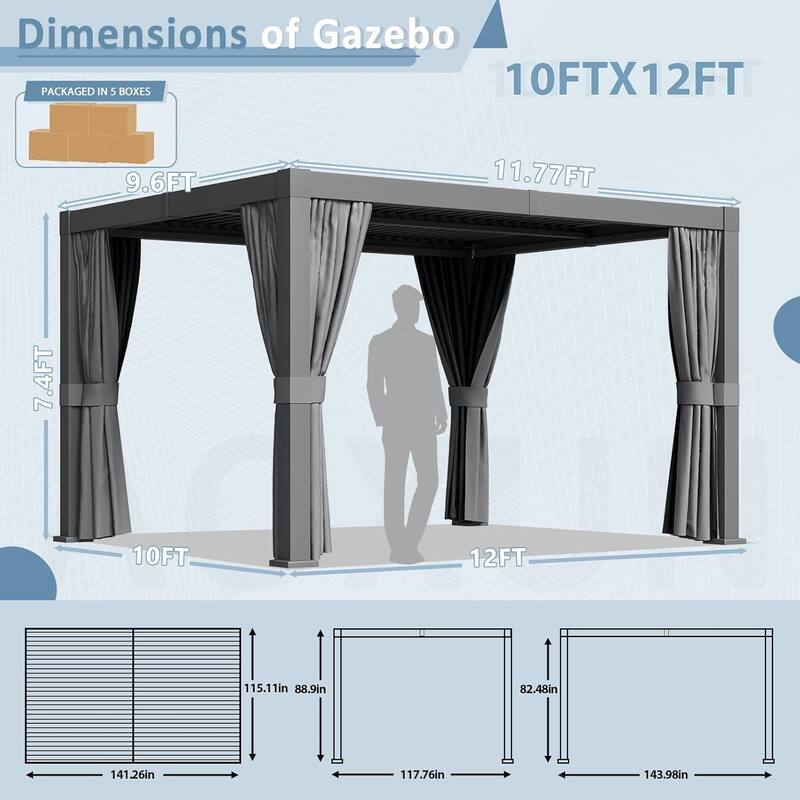 Louvered Pergola 10 x 12ft Outdoor Aluminum Pergola with Adjustable Roof for Gardens