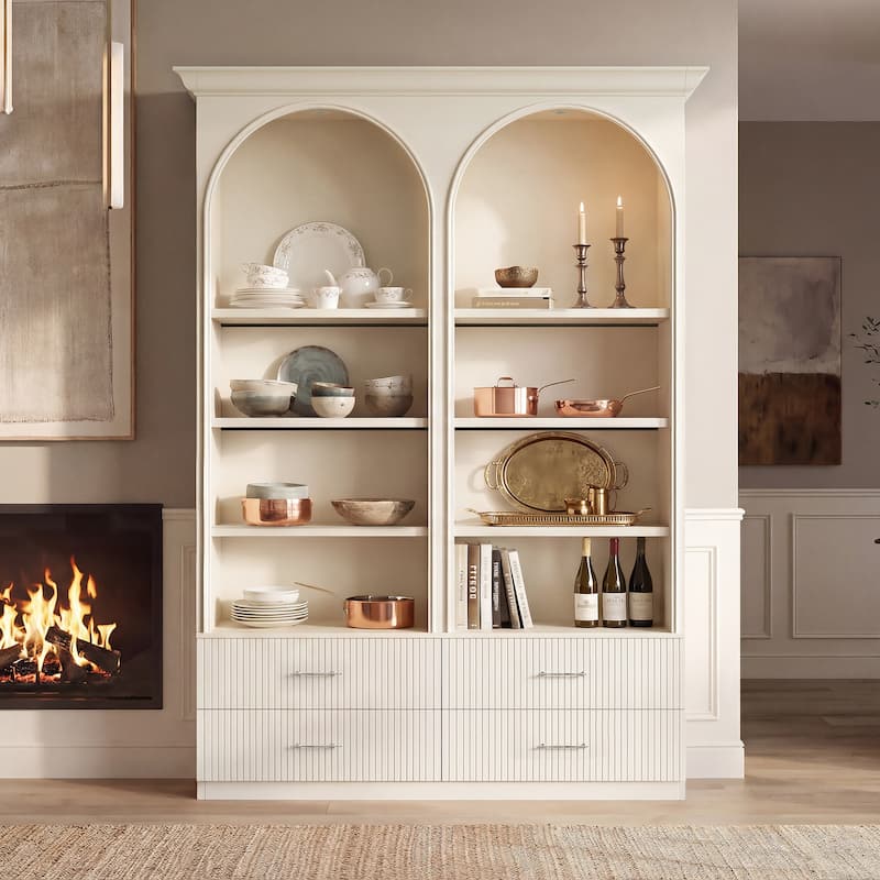 Modular Bookcase with LED Lights, Glass Door Storage Cabinet with Drawers, Large Display Shelving Unit Sideboard