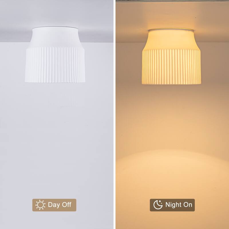 1-Light Matte White Flush Mount Ceiling Light with Ceramic Drum Shade - Dia.9.45-in