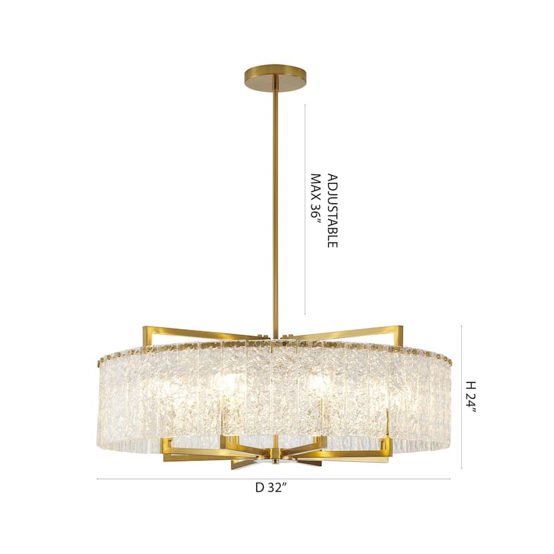 8-Light Brass Chandelier With Clear Rippled Glass