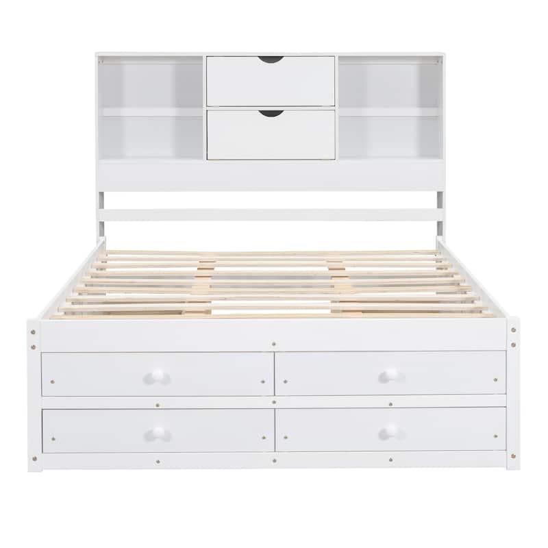 Queen / King Platform Bed with Storage Headboard and 8 Drawers Sturdy Pine Wood Construction