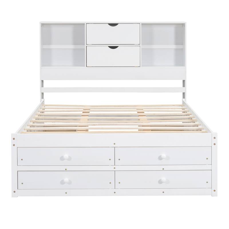 White Queen Size Storage Platform Bed with Headboard and 8 Drawers