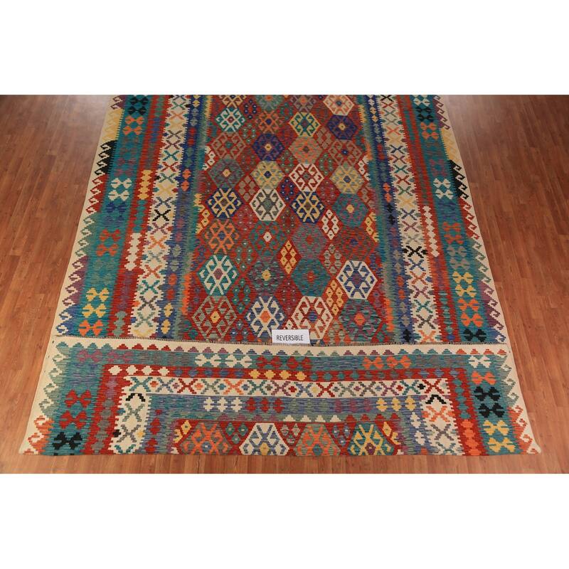 All-Over Geometric Kilim Oriental Large Rug Hand-Woven Wool Carpet - 10'6"x 16'3"