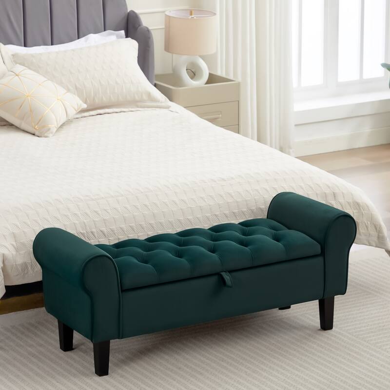 Velvet Storage Bench With Rubber Wood Legs for Bedroom