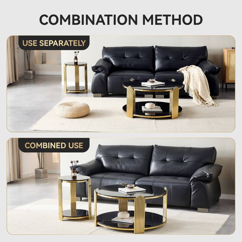 35" Modern Round Coffee Table with Double-Layer Black Glass & Gold Frame, Easy Assembly