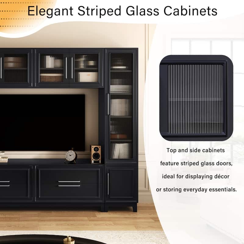 102" Modern Wall Entertainment Center with Fluted Glass Doors, Large TV Stand Media Console for TVs up to 75"