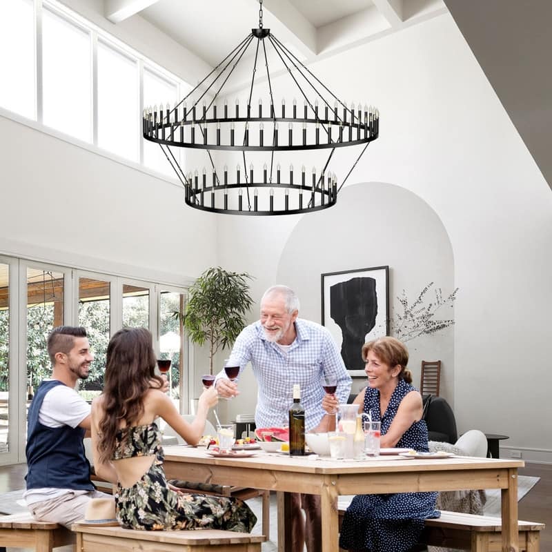 Extra Large Black Wagon Wheel Chandelier - Adjustable Farmhouse Lighting for High Ceilings