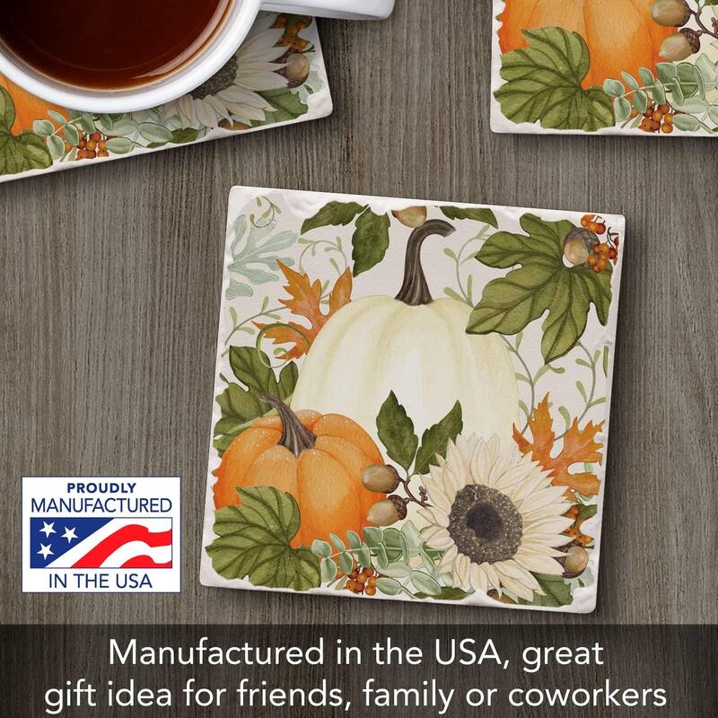 Absorbent Stone Tumbled Tile Coasters, Farmhouse Pumpkins, Set of 4